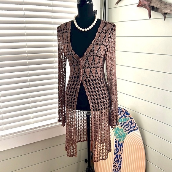 VTG Bette Paige,Crochet Macramé 3-Button Cardigan,Chestnut,Fall Perfect!Size L - Picture 1 of 11